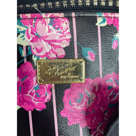Betsey Johnson Satchel Bag Pink Black Floral Print Top Handle Crossbody Charm - Picture 3 of 12